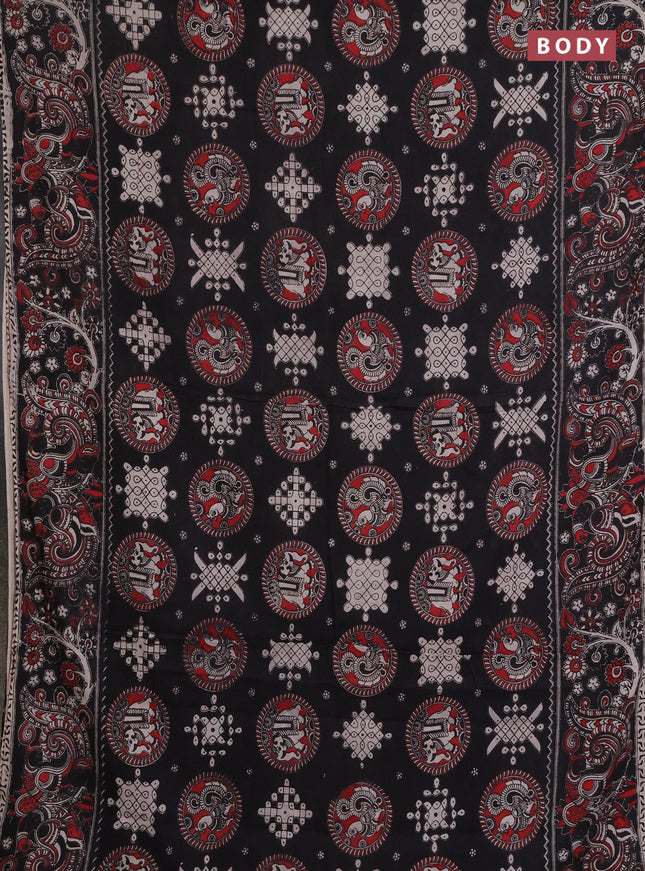 Kalamkari cotton saree black with allover prints and printed border
