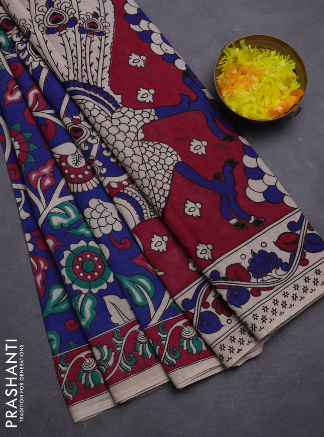 Kalamkari cotton saree blue and magenta pink with allover prints and printed border