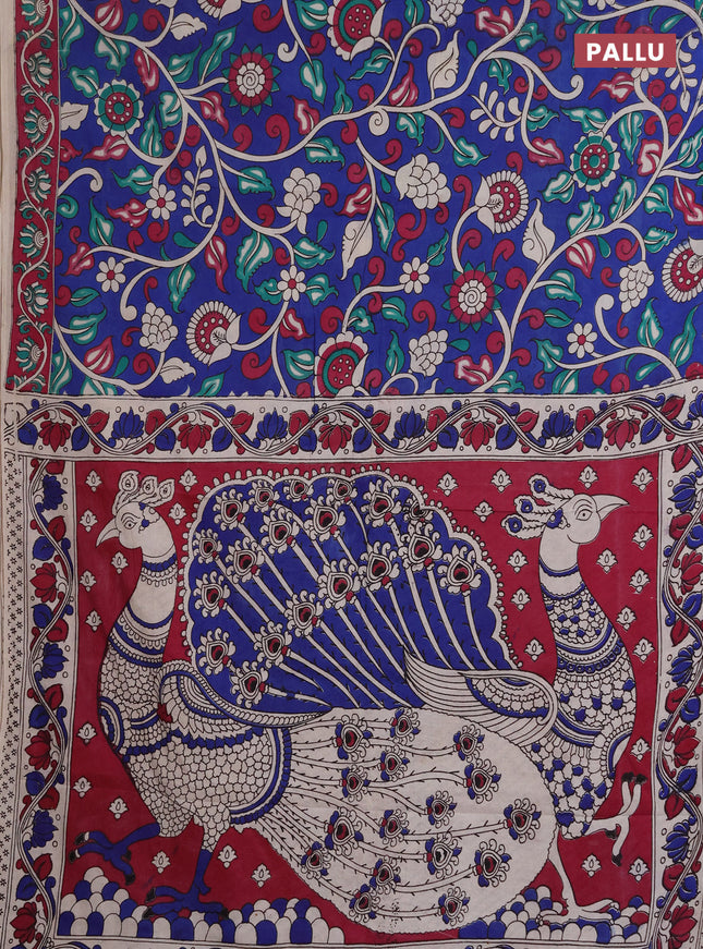 Kalamkari cotton saree blue and magenta pink with allover prints and printed border