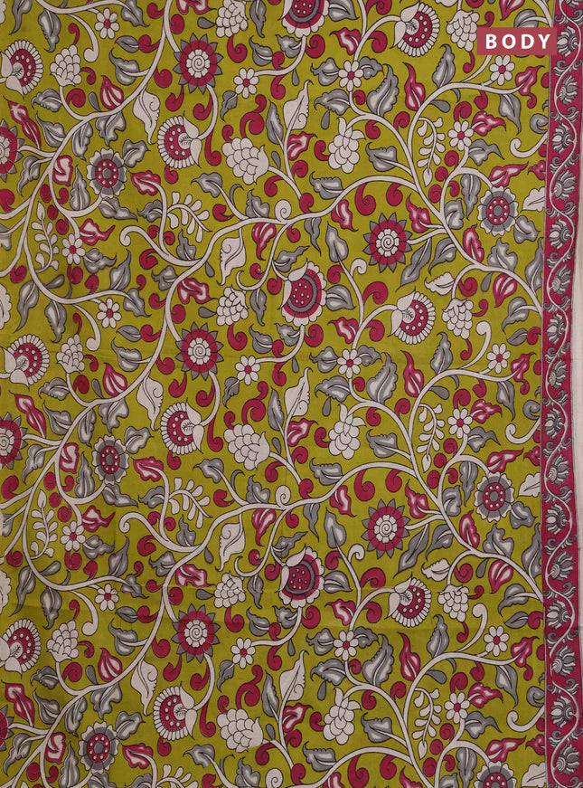 Kalamkari cotton saree light green and magenta pink with allover prints and printed border