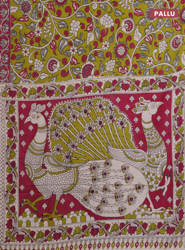 Kalamkari cotton saree light green and magenta pink with allover prints and printed border