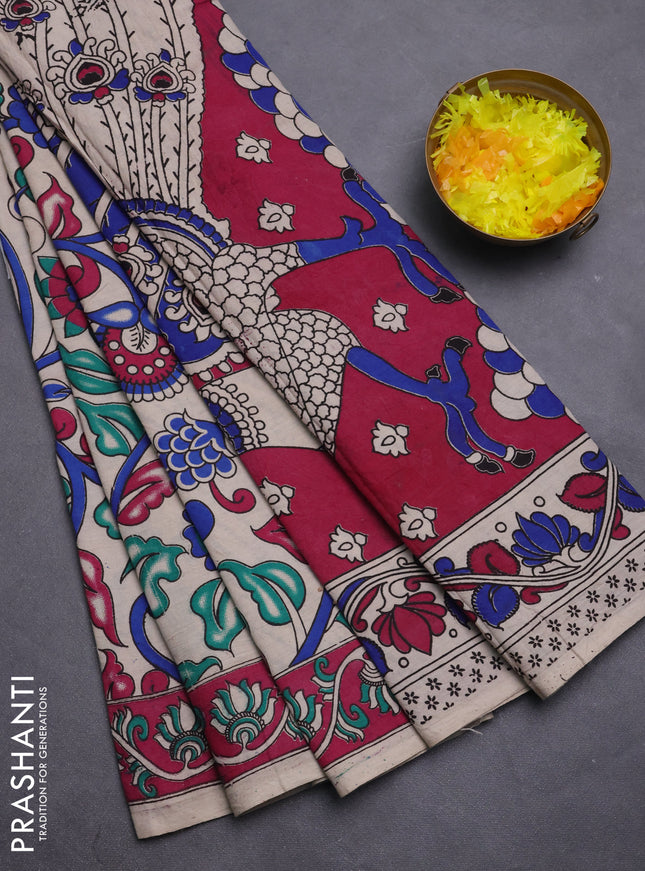 Kalamkari cotton saree beige and magenta pink with allover prints and printed border