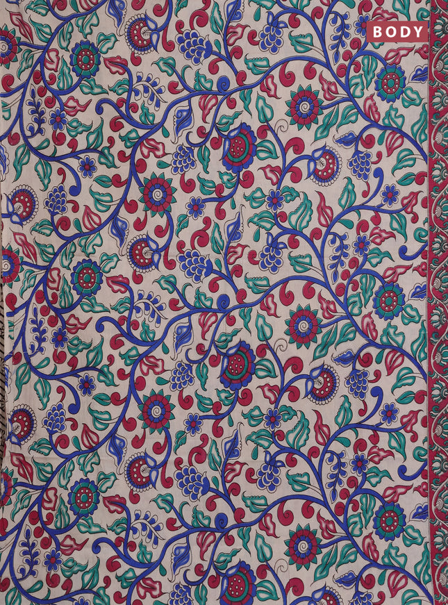 Kalamkari cotton saree beige and magenta pink with allover prints and printed border