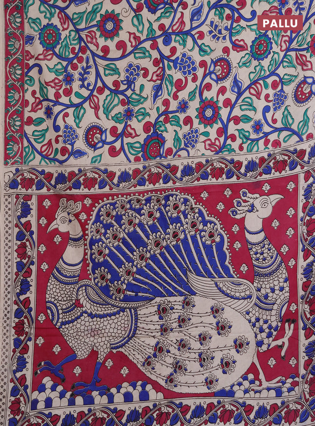 Kalamkari cotton saree beige and magenta pink with allover prints and printed border
