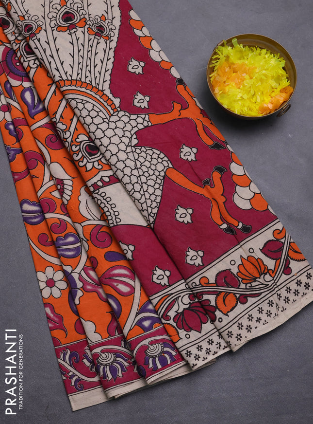 Kalamkari cotton saree orange and magenta pink with allover prints and printed border