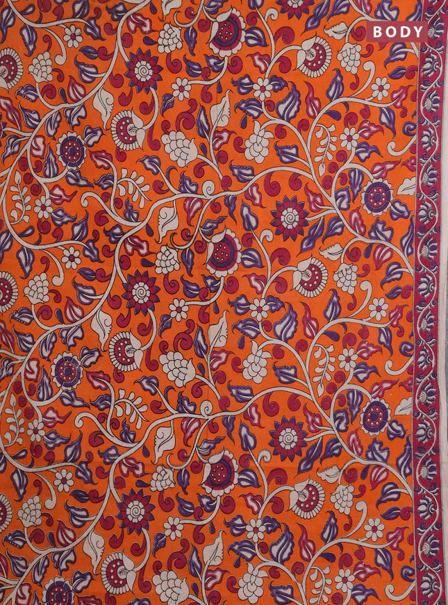 Kalamkari cotton saree orange and magenta pink with allover prints and printed border