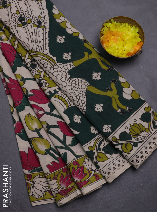 Kalamkari cotton saree beige and light green with allover prints and printed border
