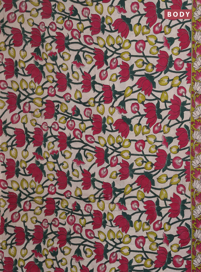 Kalamkari cotton saree beige and light green with allover prints and printed border