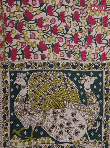 Kalamkari cotton saree beige and light green with allover prints and printed border