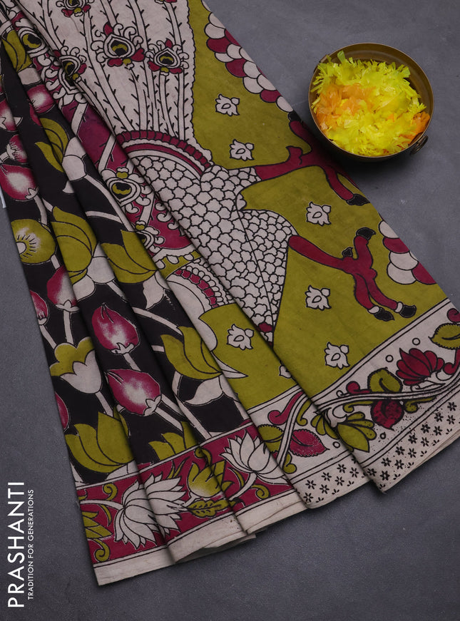 Kalamkari cotton saree black and magenta pink with allover prints and printed border