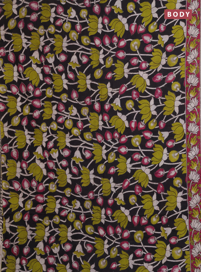 Kalamkari cotton saree black and magenta pink with allover prints and printed border