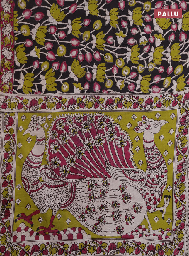 Kalamkari cotton saree black and magenta pink with allover prints and printed border