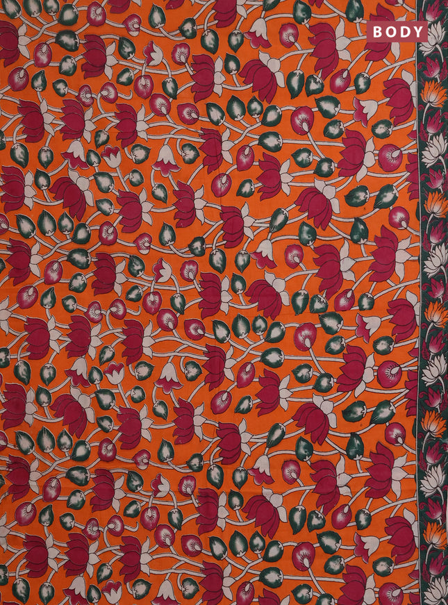 Kalamkari cotton saree orange and bottle green with allover prints and printed border