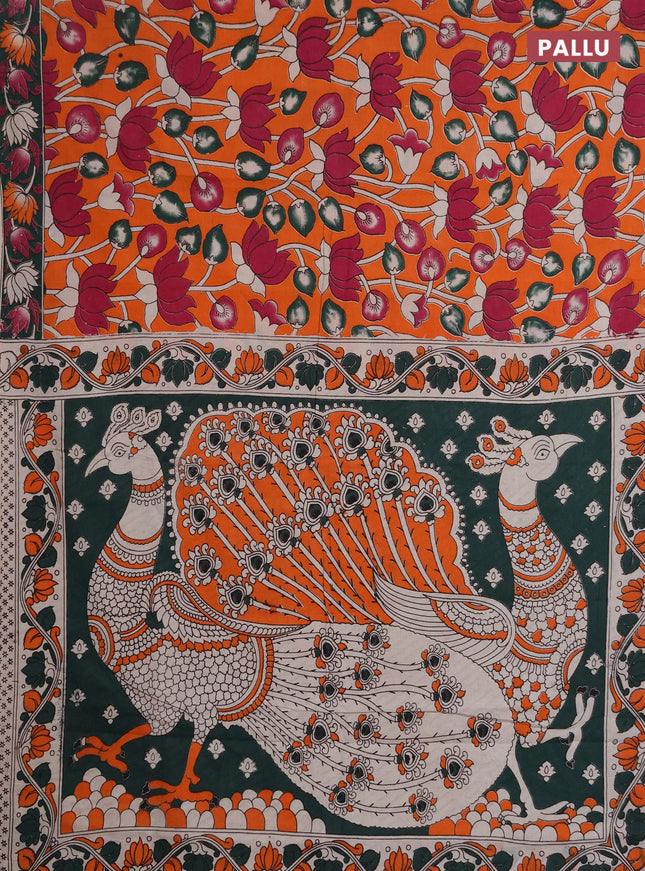 Kalamkari cotton saree orange and bottle green with allover prints and printed border
