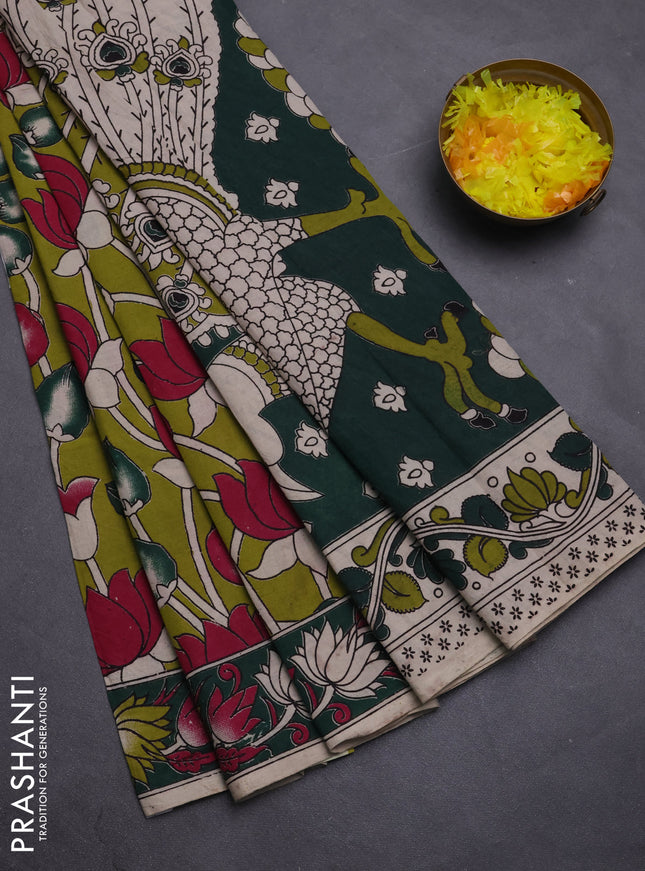 Kalamkari cotton saree light green and bottle green with allover prints and printed border