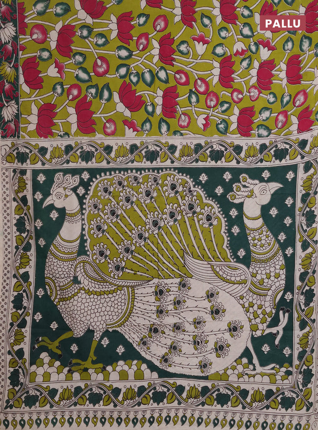 Kalamkari cotton saree light green and bottle green with allover prints and printed border