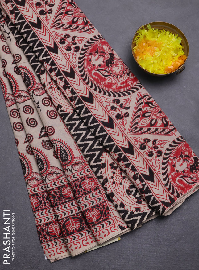 Kalamkari cotton saree beige and maroon with allover prints and printed border