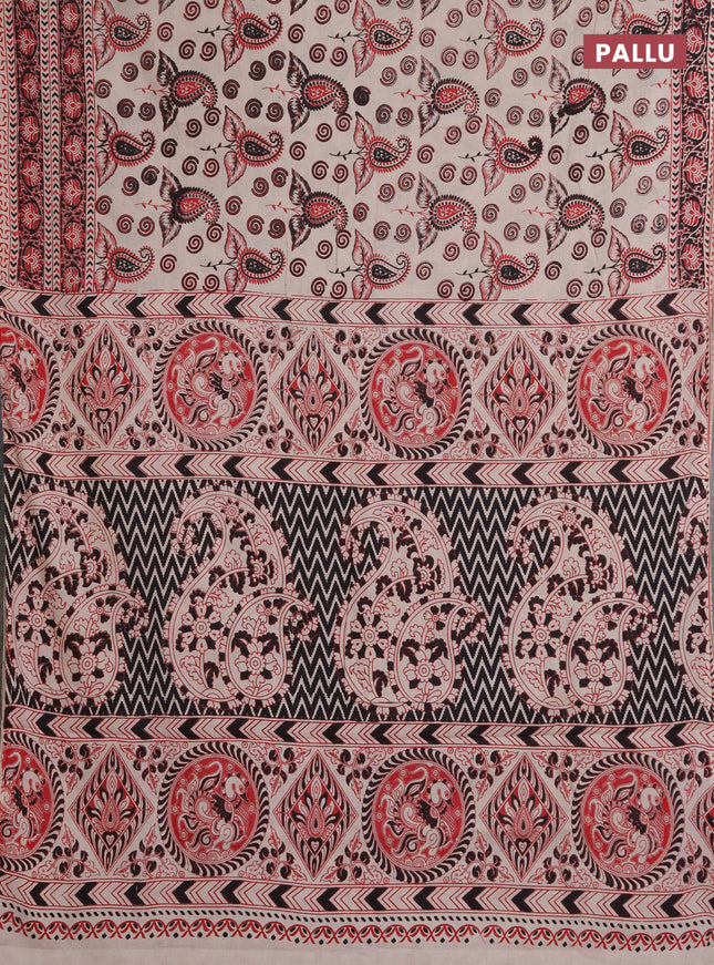 Kalamkari cotton saree beige and maroon with allover prints and printed border