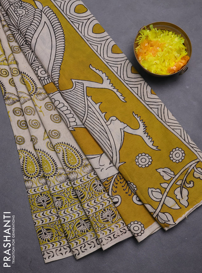 Kalamkari cotton saree beige and light green with allover prints and printed border