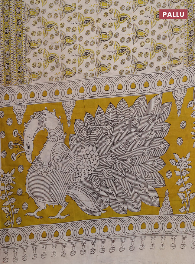 Kalamkari cotton saree beige and light green with allover prints and printed border