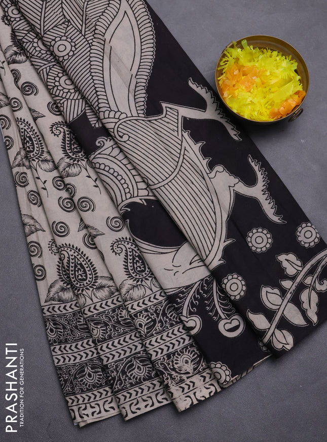 Kalamkari cotton saree beige and black with allover prints and printed border