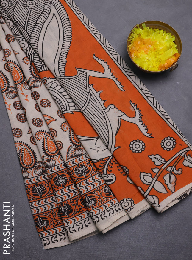 Kalamkari cotton saree beige and orange with allover prints and printed border