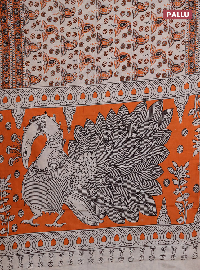 Kalamkari cotton saree beige and orange with allover prints and printed border