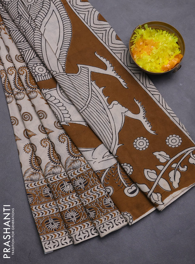 Kalamkari cotton saree beige and dark mustard with allover prints and printed border