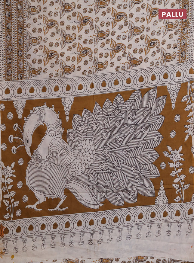 Kalamkari cotton saree beige and dark mustard with allover prints and printed border