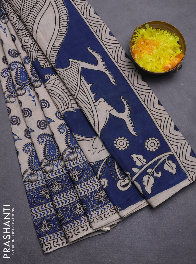 Kalamkari cotton saree beige and blue with allover prints and printed border