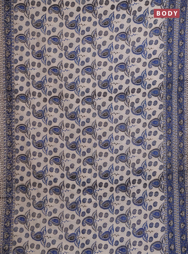 Kalamkari cotton saree beige and blue with allover prints and printed border