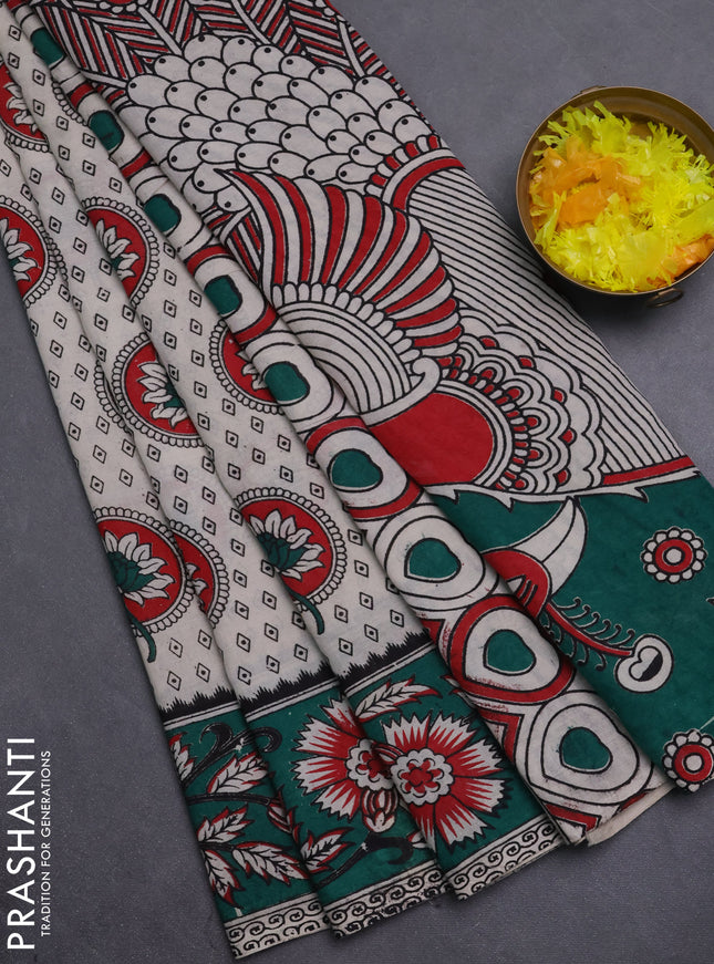 Kalamkari cotton saree beige and green with allover prints and printed border
