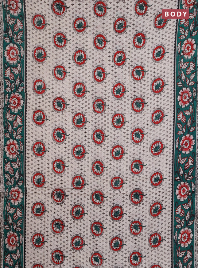 Kalamkari cotton saree beige and green with allover prints and printed border