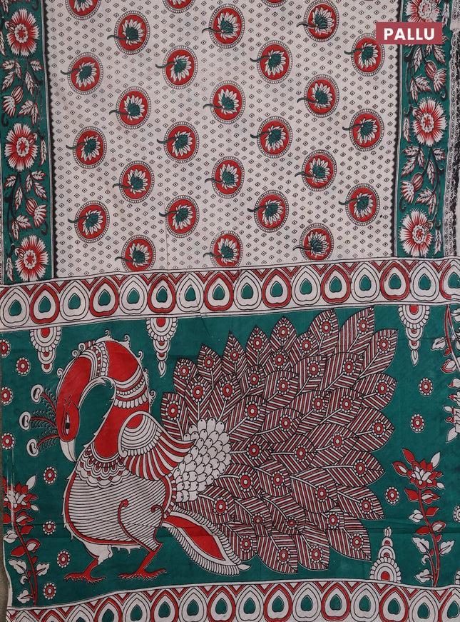 Kalamkari cotton saree beige and green with allover prints and printed border