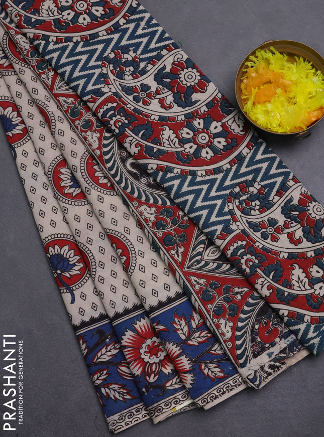 Kalamkari cotton saree beige and blue with allover prints and printed border