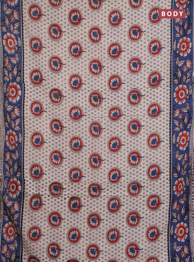 Kalamkari cotton saree beige and blue with allover prints and printed border