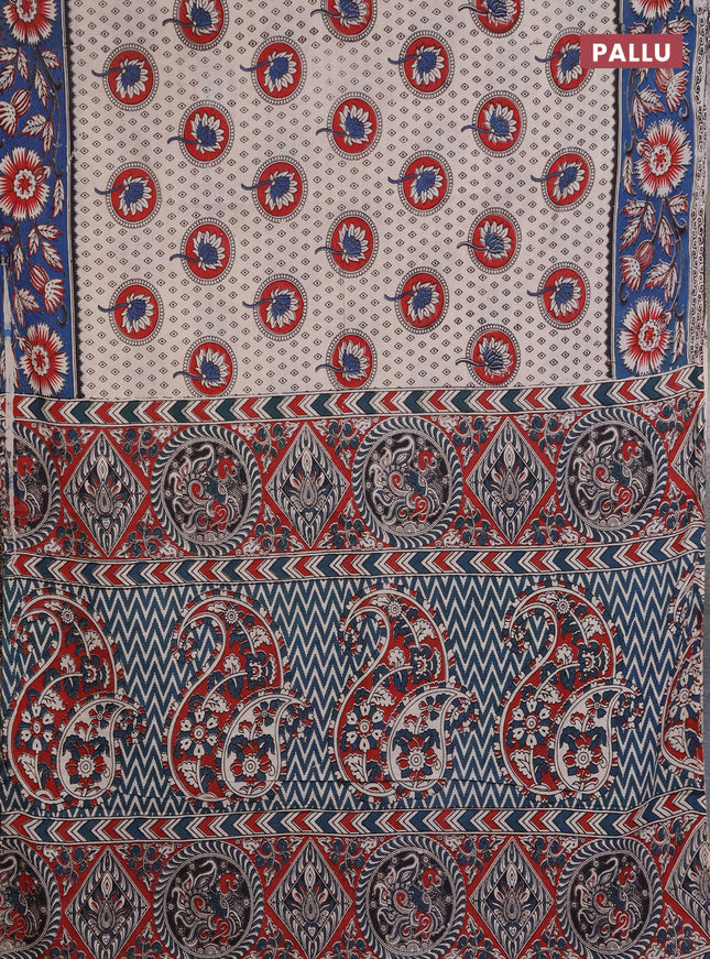 Kalamkari cotton saree beige and blue with allover prints and printed border