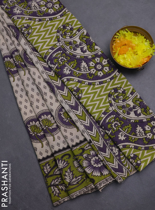 Kalamkari cotton saree beige and light green with allover prints and printed border