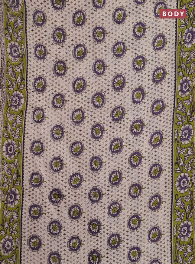 Kalamkari cotton saree beige and light green with allover prints and printed border