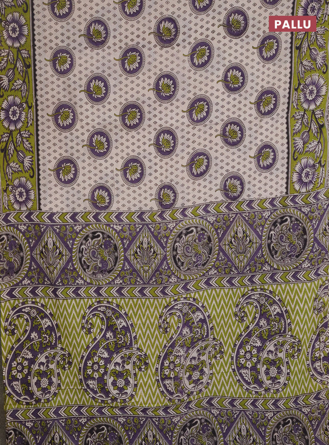 Kalamkari cotton saree beige and light green with allover prints and printed border