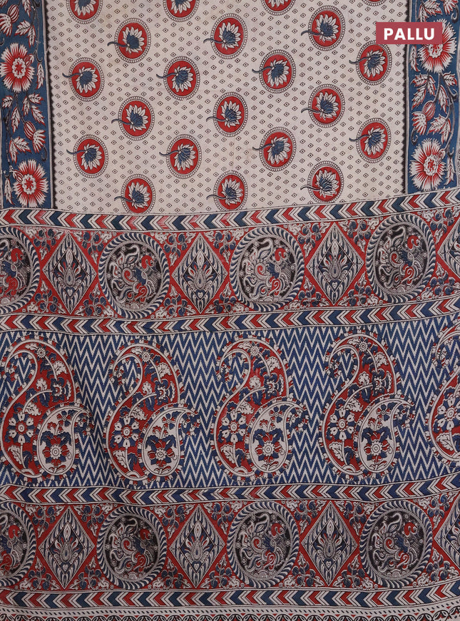 Kalamkari cotton saree beige and peacock green with allover prints and printed border