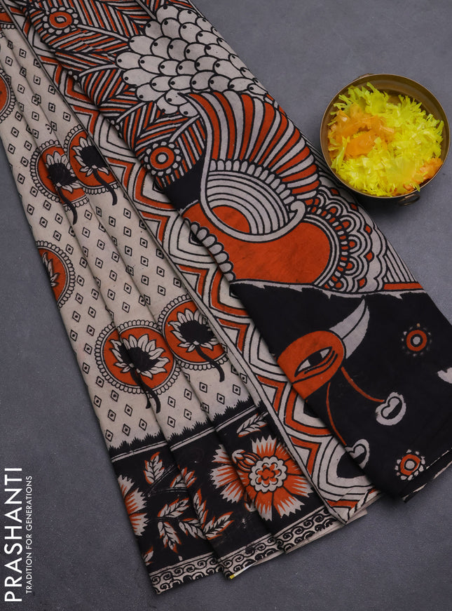 Kalamkari cotton saree beige and black with allover prints and printed border