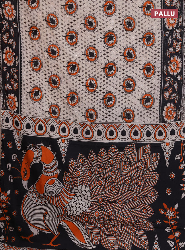 Kalamkari cotton saree beige and black with allover prints and printed border