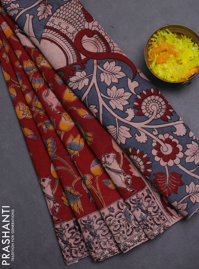 Kalamkari cotton saree maroon and beige with allover pichwai prints and printed border