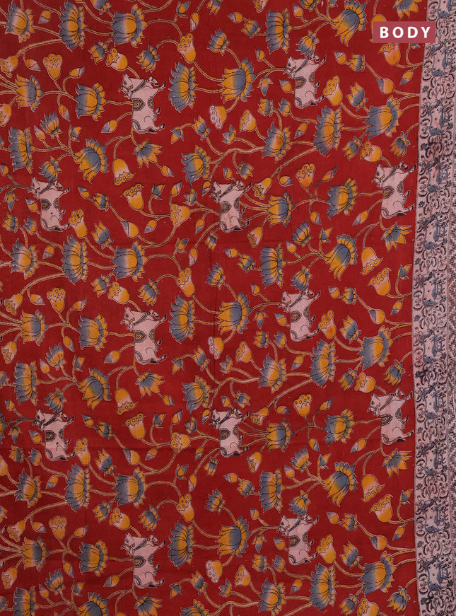Kalamkari cotton saree maroon and beige with allover pichwai prints and printed border