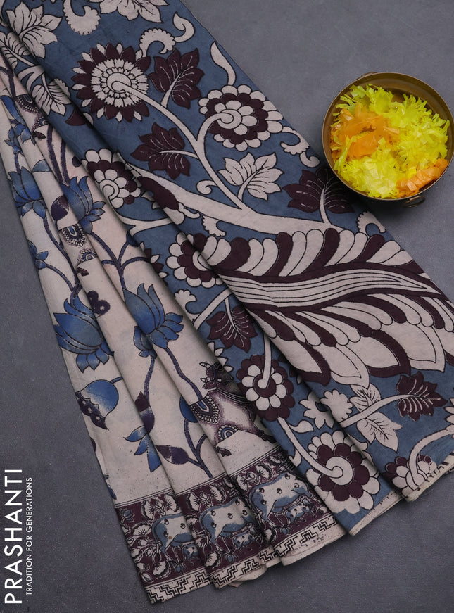 Kalamkari cotton saree beige blue and wine shade with allover pichwai prints and printed border