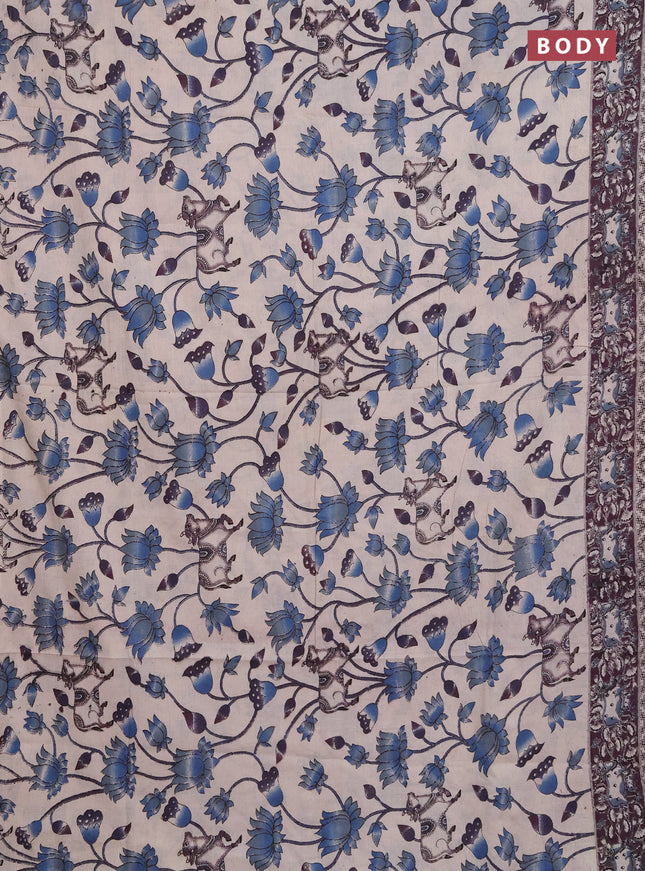 Kalamkari cotton saree beige blue and wine shade with allover pichwai prints and printed border