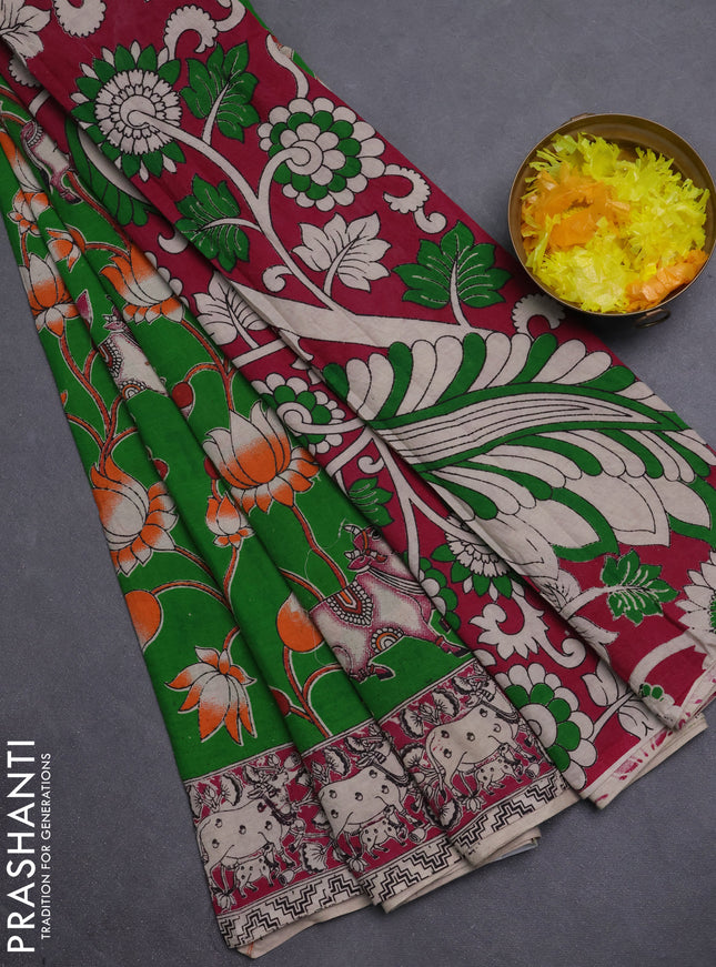 Kalamkari cotton saree green and pink with allover pichwai prints and printed border