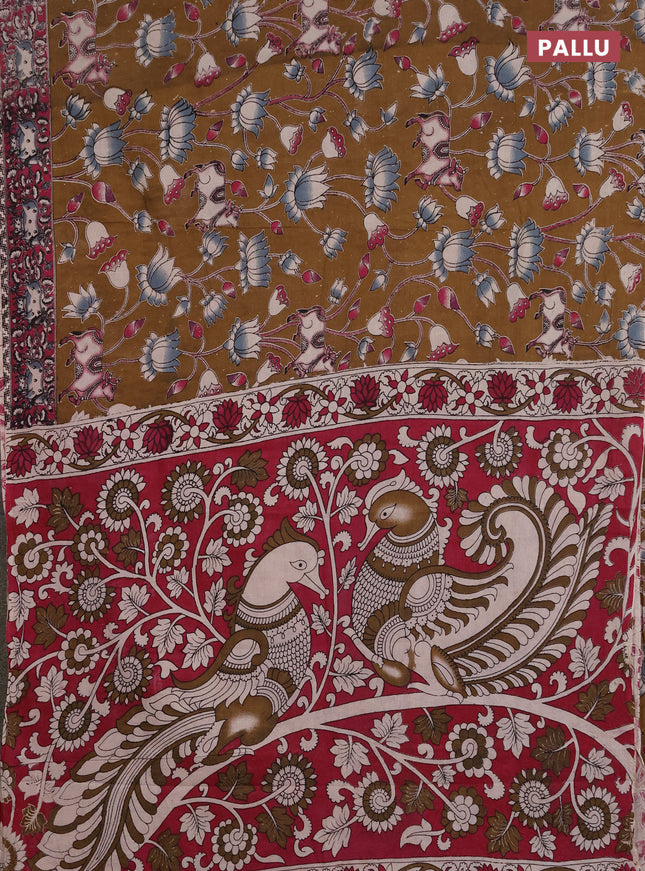 Kalamkari cotton saree dark mustard and pink with allover pichwai prints and printed border