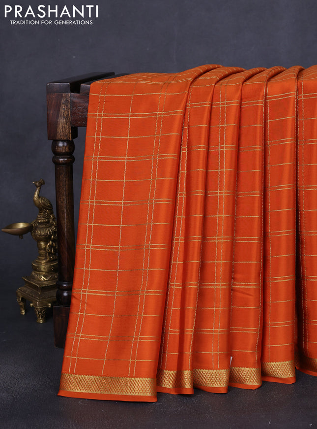 Pure mysore silk saree rustic orange with allover zari woven checked pattern and zari woven border